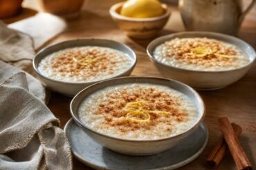 Creamy Portuguese arroz doce rice pudding with cinnamon and lemon zest.