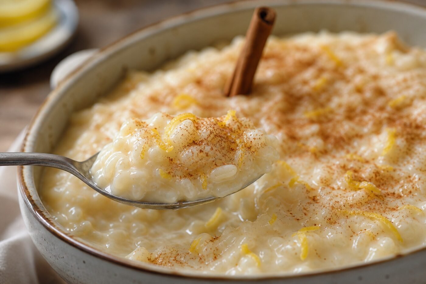 Portuguese rice pudding served with cinnamon and lemon zest.