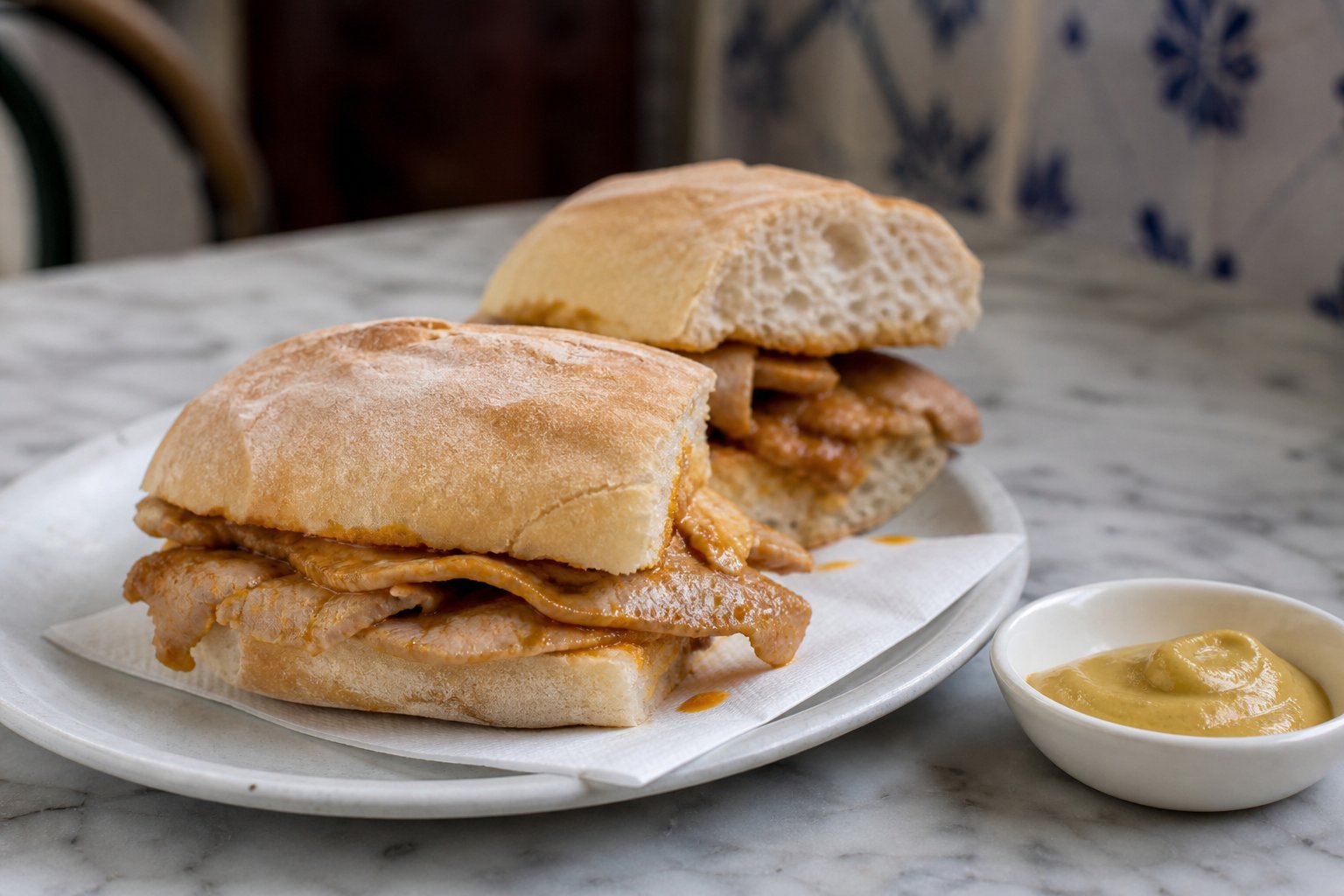 Portuguese bifana sandwiches filled with thin pork cutlets and garlicky paprika sauce.