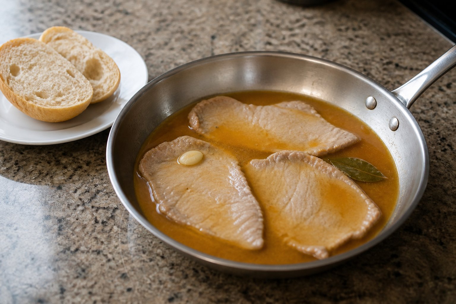 Thin bifana pork cutlets simmering with garlic and bay leaf in a shallow skillet.