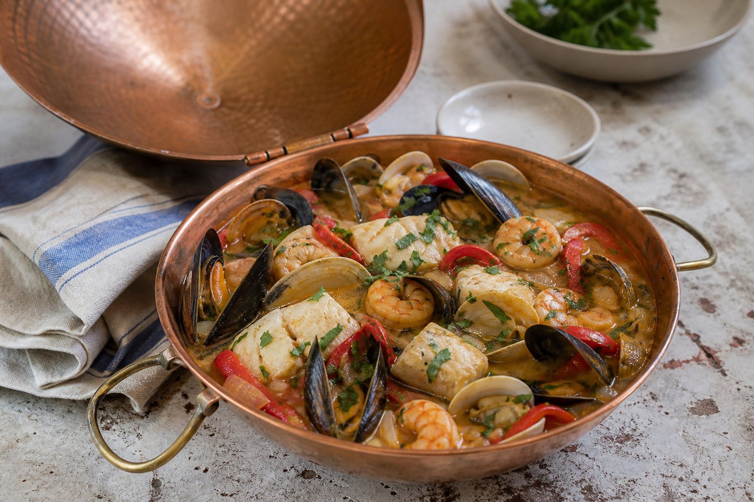 Portuguese seafood cataplana with clams, mussels, shrimp, fish, and peppers.