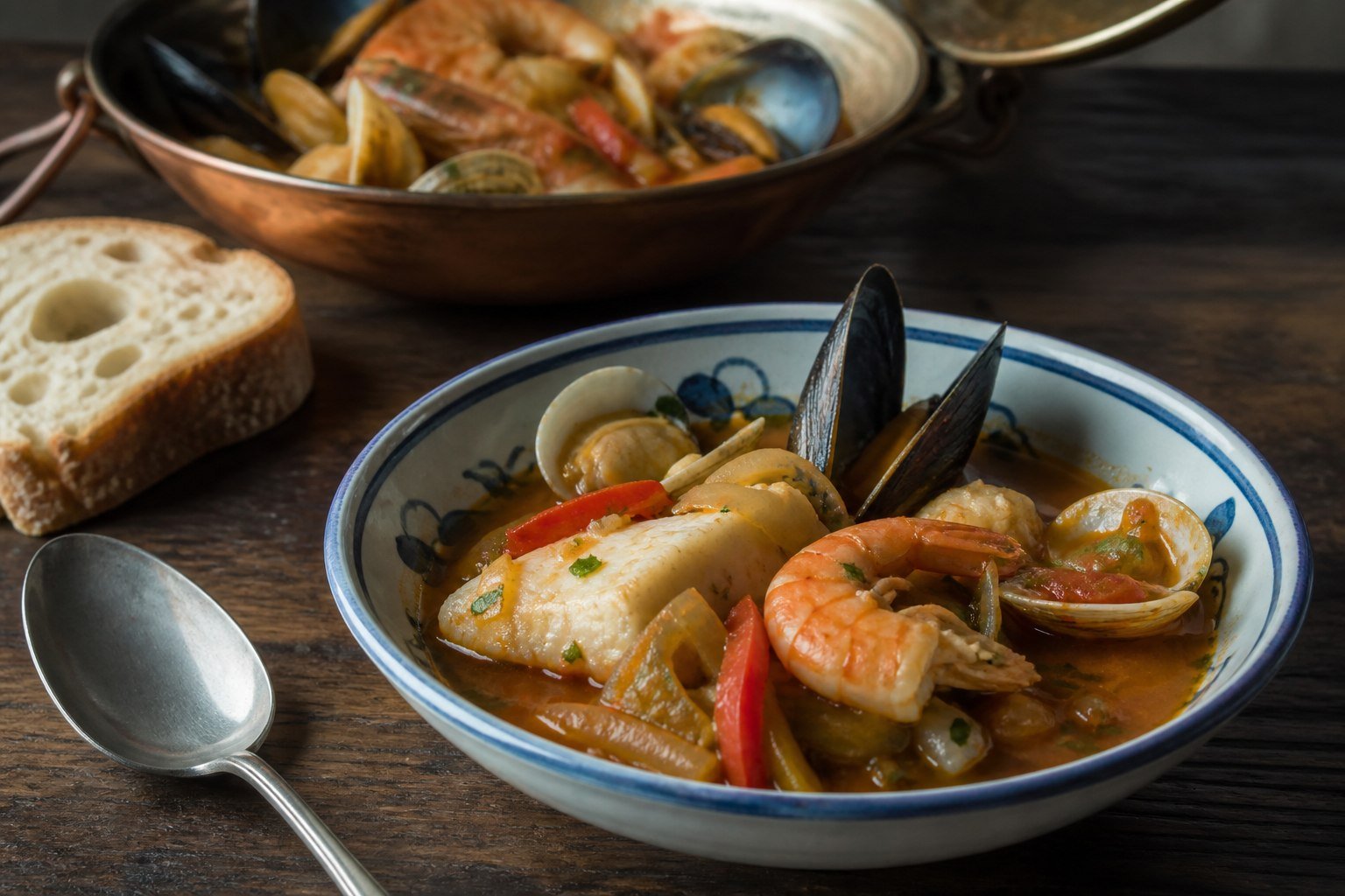 A serving bowl of Portuguese cataplana with shellfish, fish, and tomato broth.