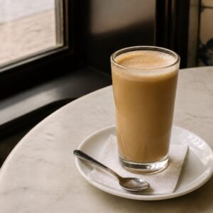 Portuguese galão coffee with hot milk in a tall café glass.