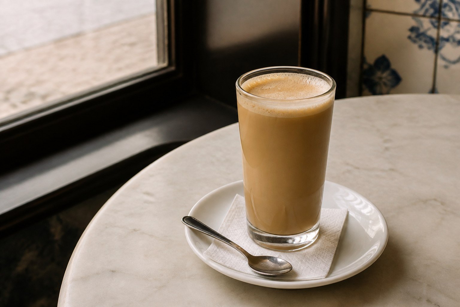 Portuguese galão coffee with hot milk in a tall café glass.