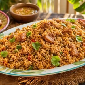 Puerto Rican arroz con gandules with seasoned rice, pigeon peas, peppers, and pork.
