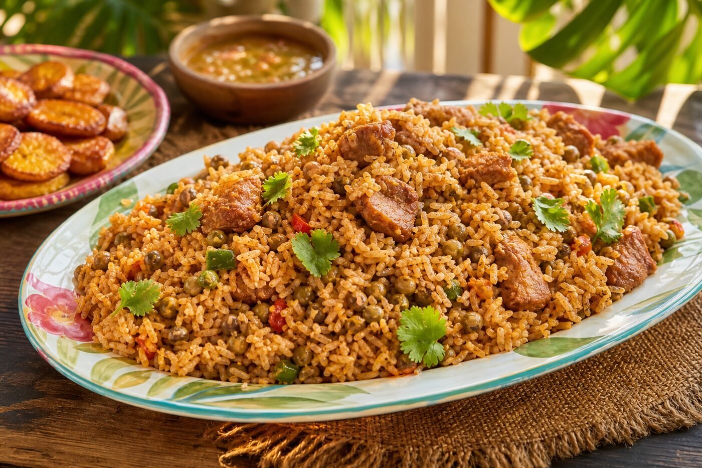 Puerto Rican arroz con gandules with seasoned rice, pigeon peas, peppers, and pork.