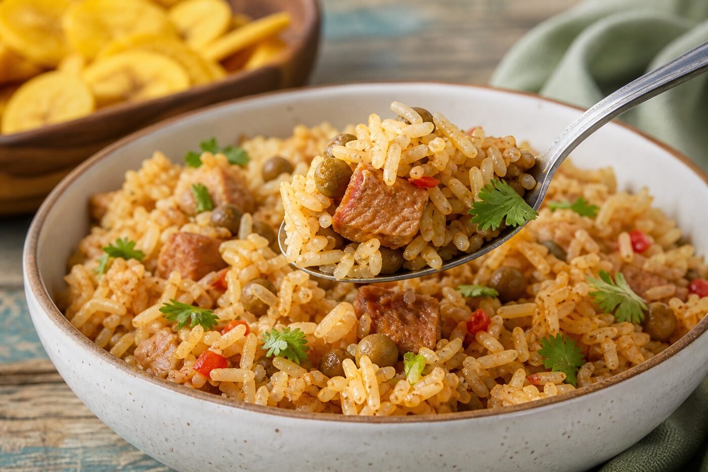 A spoon lifting Puerto Rican arroz con gandules with pigeon peas and tender pork.