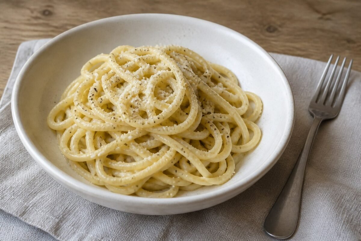 Roman cacio e pepe with tonnarelli, Pecorino Romano, and black pepper.