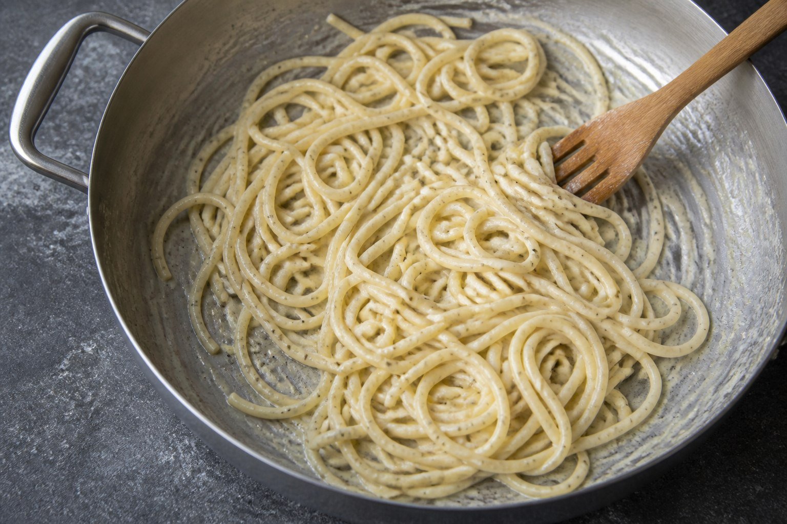 Cacio e pepe being finished in a stainless-steel saute pan.