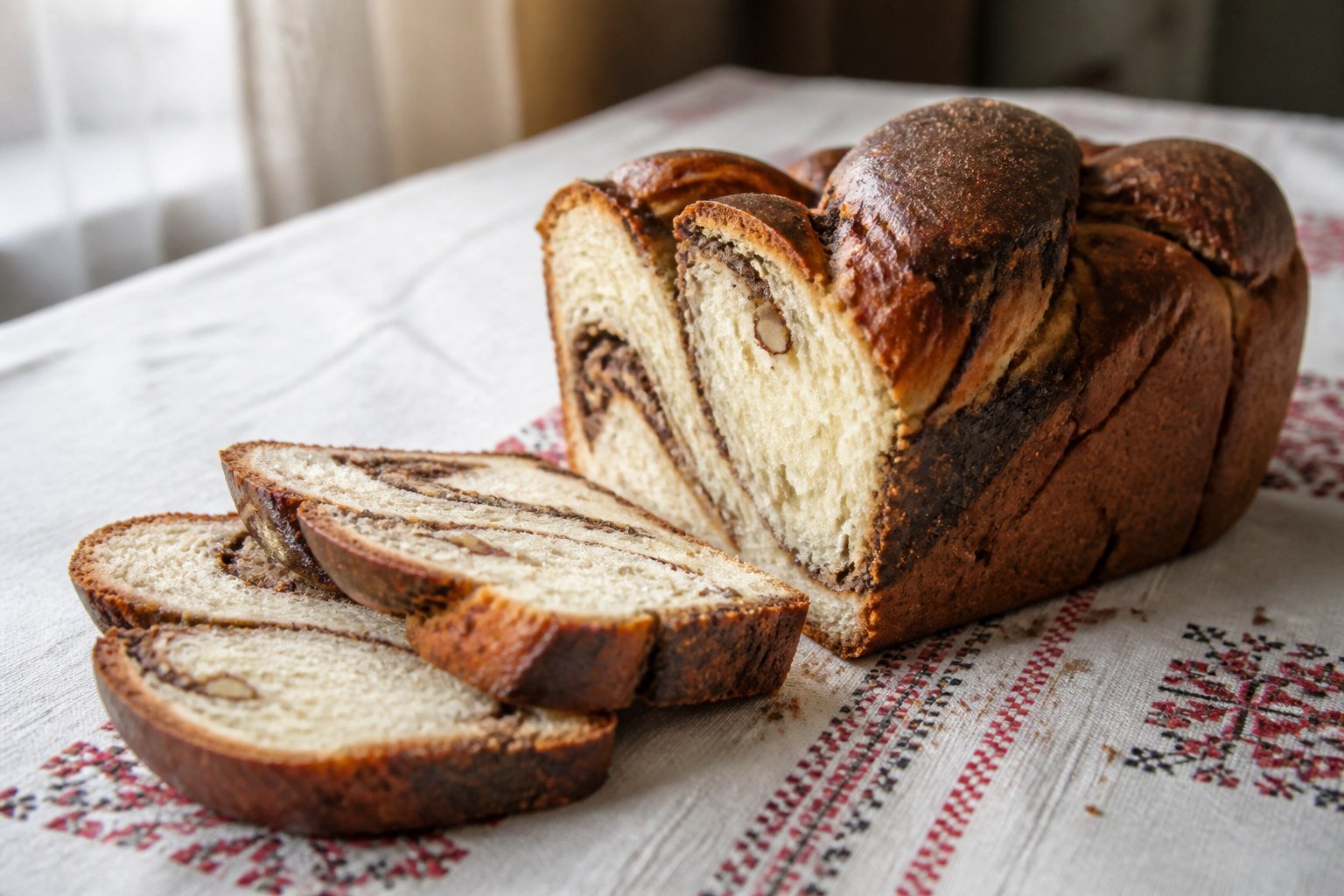 Romanian cozonac loaf and slices showing a walnut-cocoa swirl.