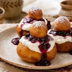 Romanian Papanasi cheese doughnuts with sour cream, blueberry jam, and sugar.