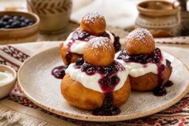 Romanian Papanasi cheese doughnuts with sour cream, blueberry jam, and sugar.