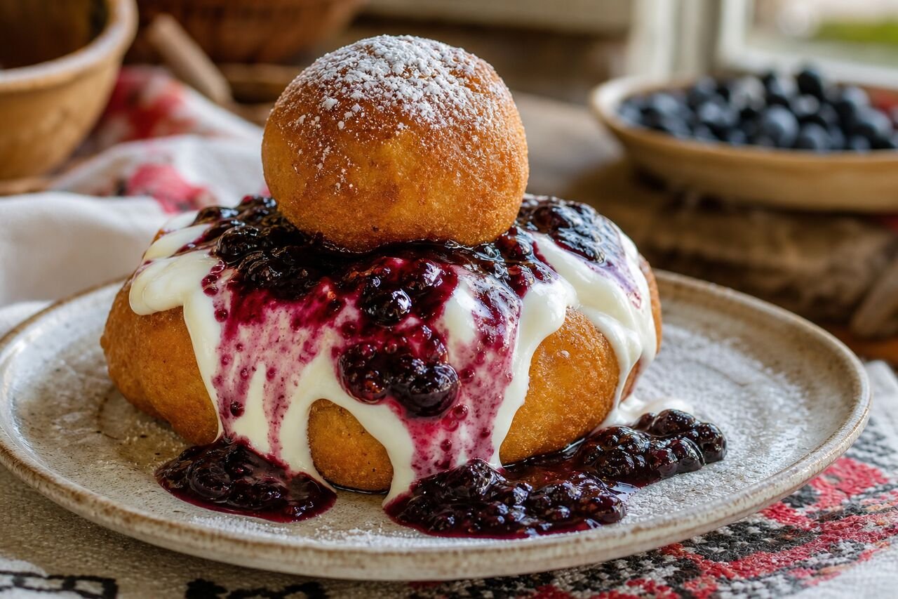 A close serving of golden Romanian Papanasi with sour cream and blueberry jam.