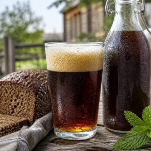 Russian kvass, a dark amber rye-bread drink with a foamy head, chilled bottle, rye bread, and mint.
