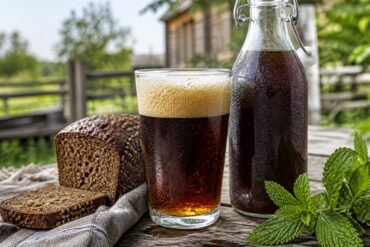 Russian kvass, a dark amber rye-bread drink with a foamy head, chilled bottle, rye bread, and mint.