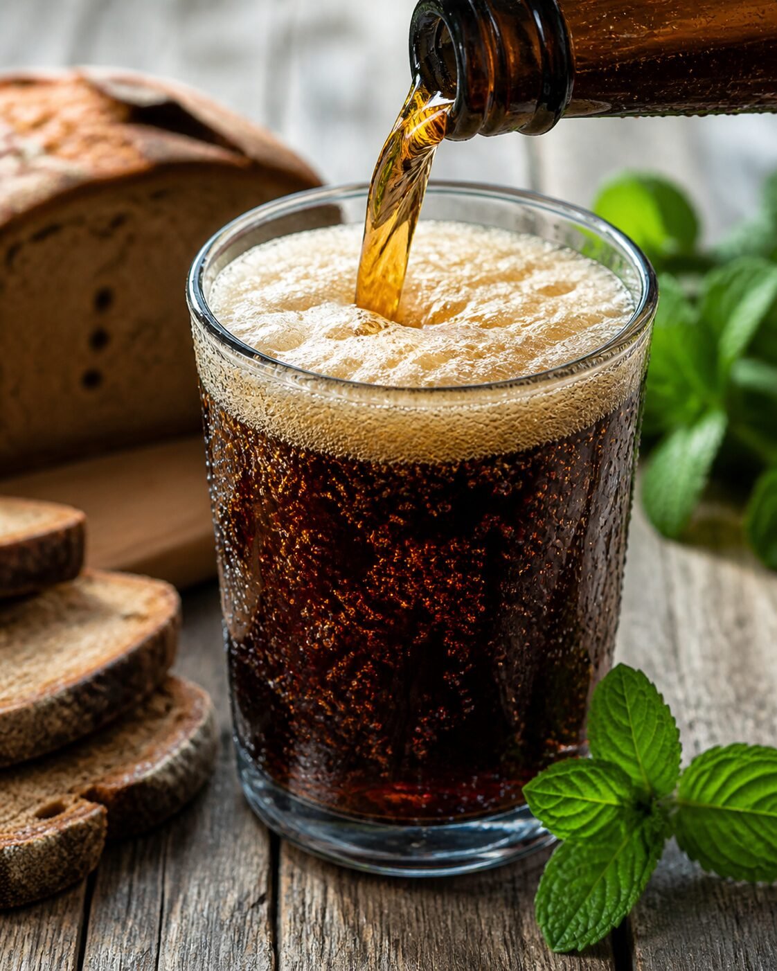 Chilled Russian kvass being poured into a clear glass with amber bubbles, foam, rye bread, and mint.