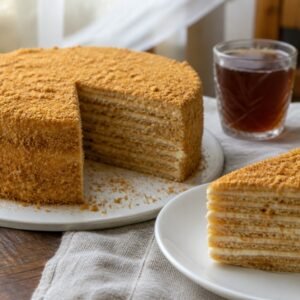 Russian medovik honey layer cake with a slice removed and black tea nearby.