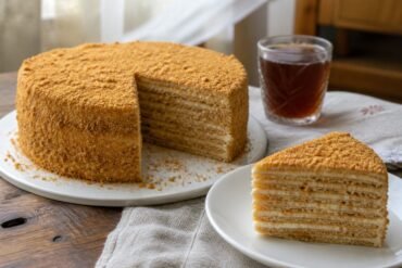 Russian medovik honey layer cake with a slice removed and black tea nearby.