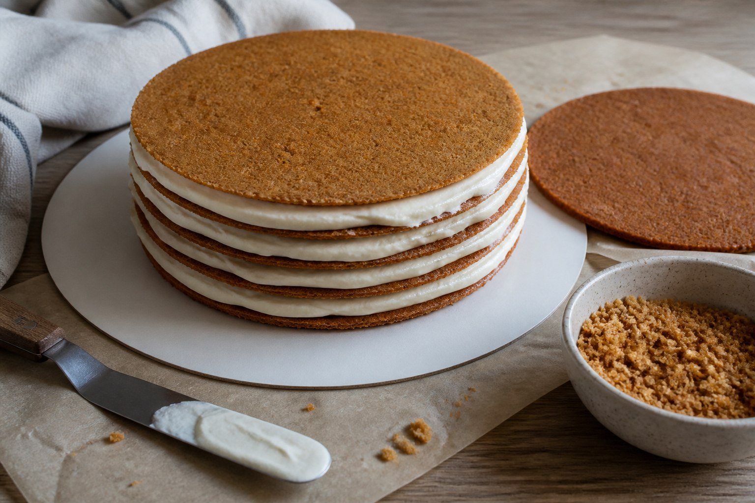 Thin honey cake layers being assembled with smooth sour-cream frosting for medovik.