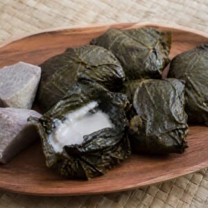 Samoan palusami parcels served with cooked taro.