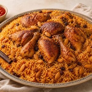 Roasted chicken kabsa served over spiced basmati rice with almonds and raisins.
