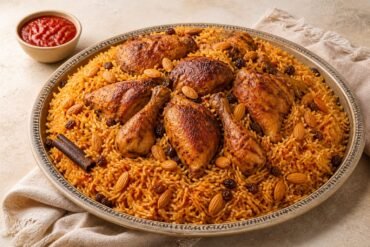 Roasted chicken kabsa served over spiced basmati rice with almonds and raisins.