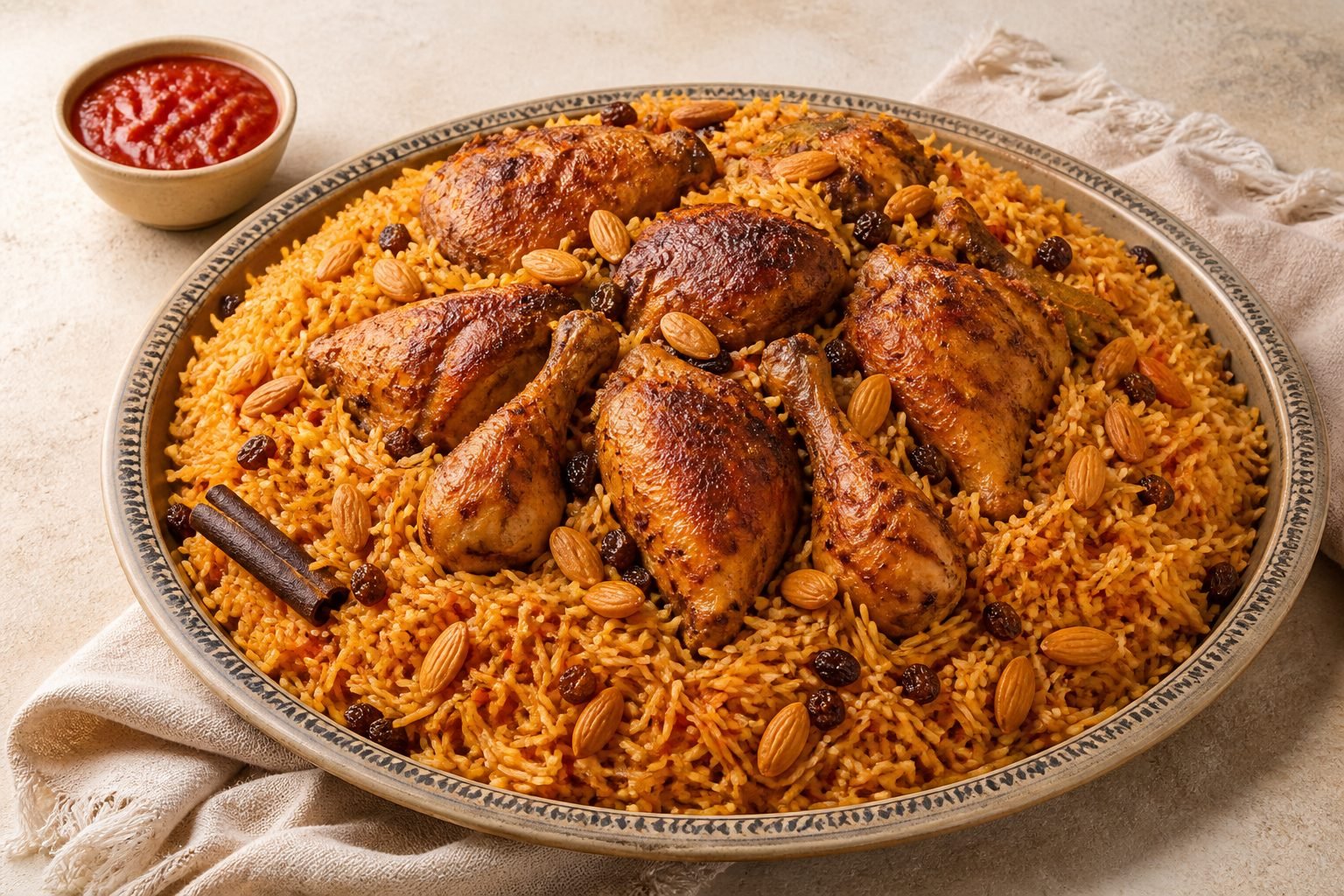 Roasted chicken kabsa served over spiced basmati rice with almonds and raisins.