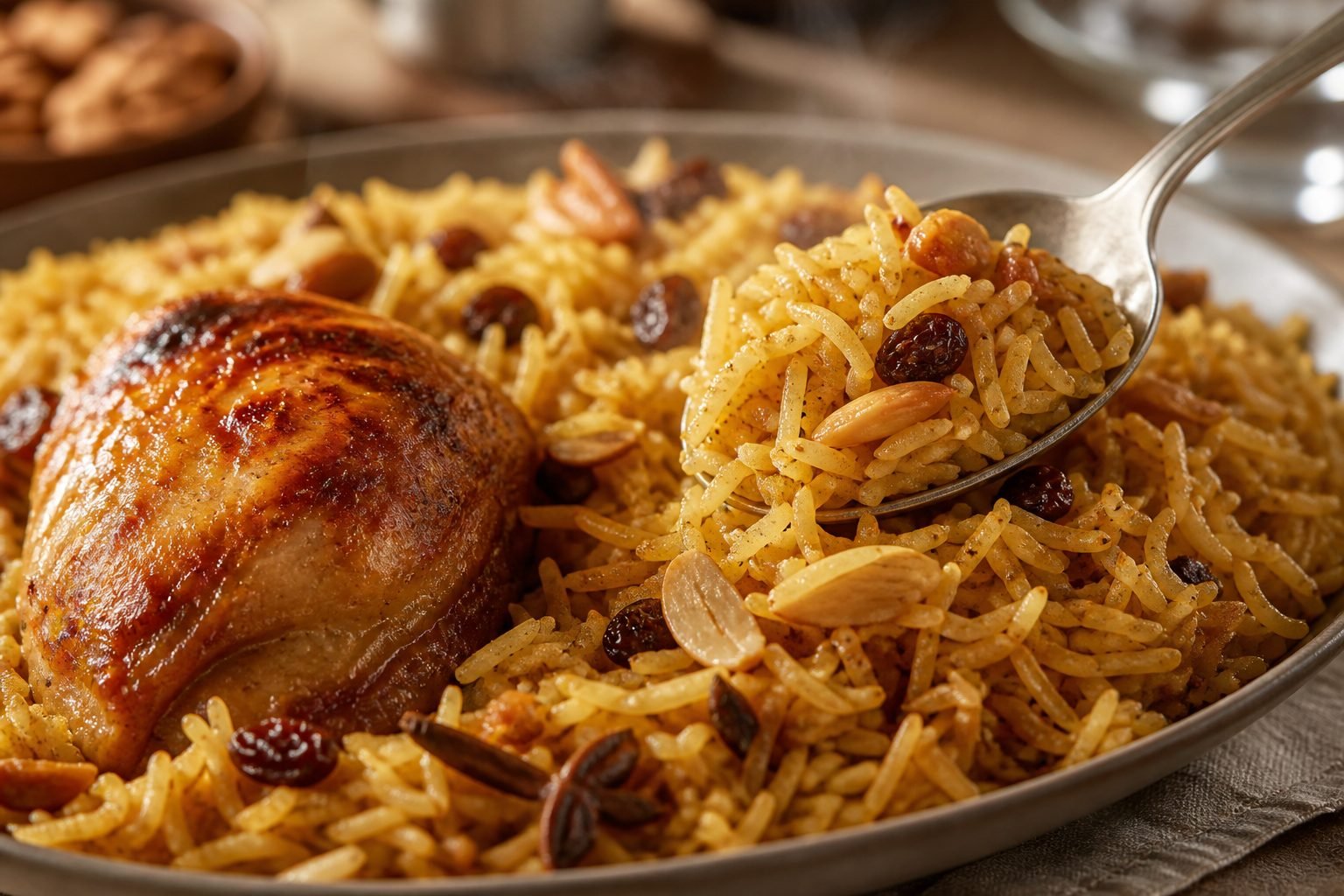 A spoonful of spiced kabsa rice beside roasted chicken, almonds, and raisins.