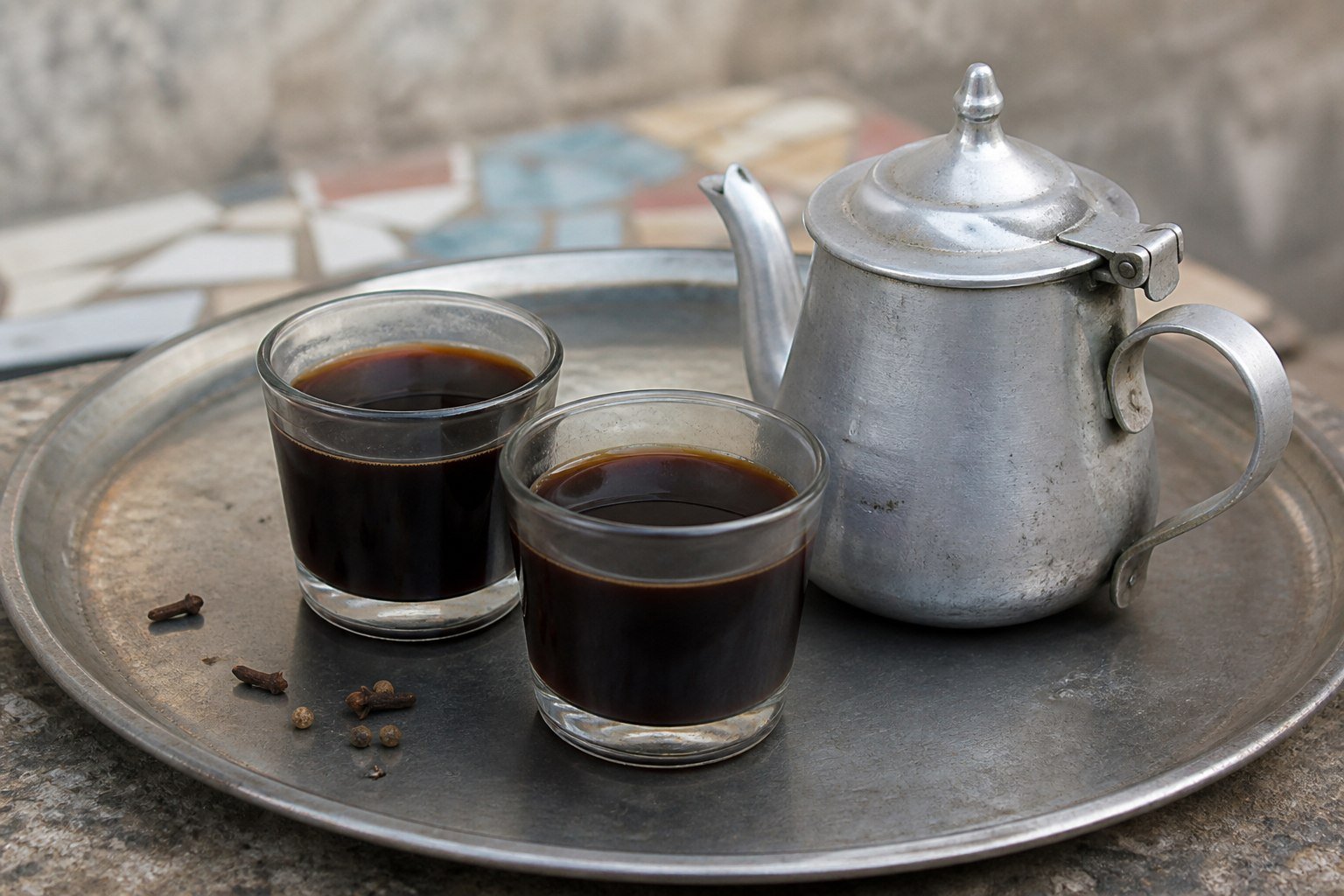 Senegalese Cafe Touba spiced coffee served in small glasses with a metal pot.