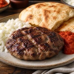 Serbian grilled pljeskavica with ajvar, onion, and warm flatbread.