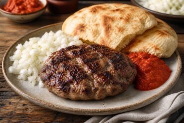 Serbian grilled pljeskavica with ajvar, onion, and warm flatbread.