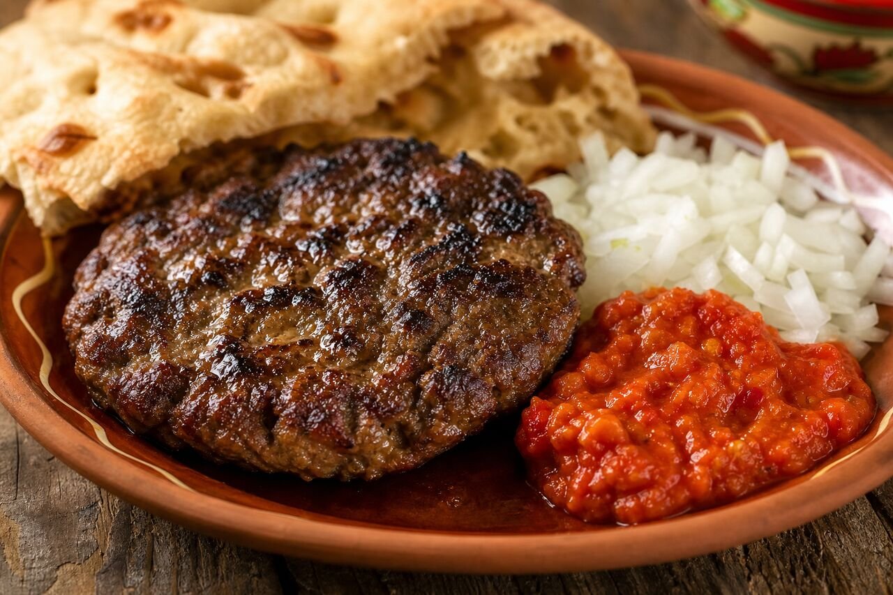 A close serving of juicy Serbian pljeskavica with ajvar, chopped onion, and flatbread.