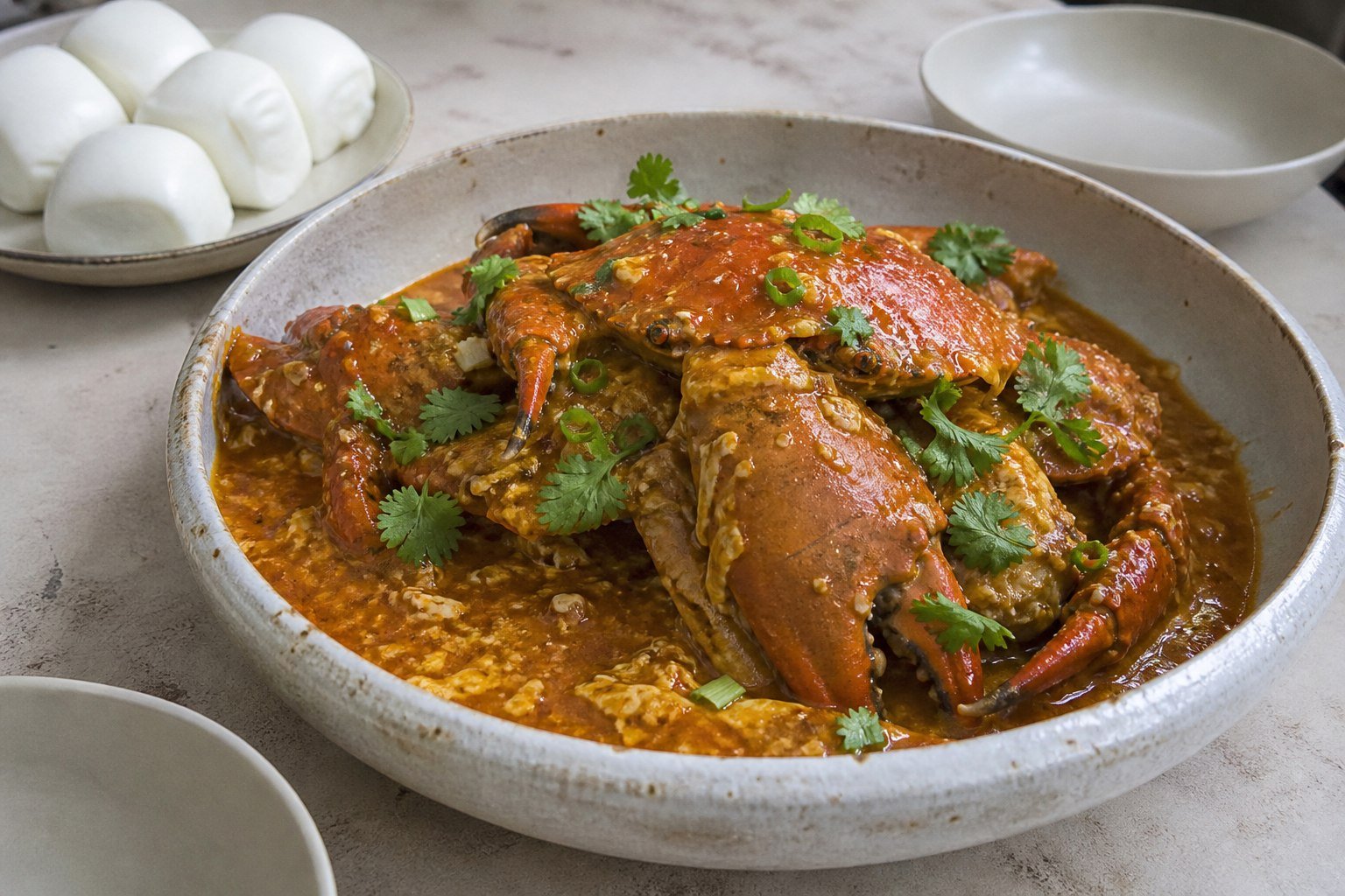 Singapore chili crab in tomato-chili egg sauce with steamed mantou.
