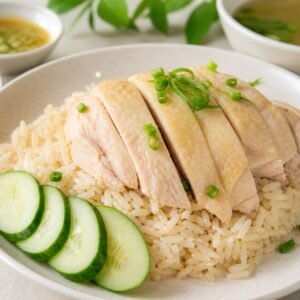 Singapore Hainanese Chicken Rice with poached chicken, fragrant rice, cucumber, and sauces.