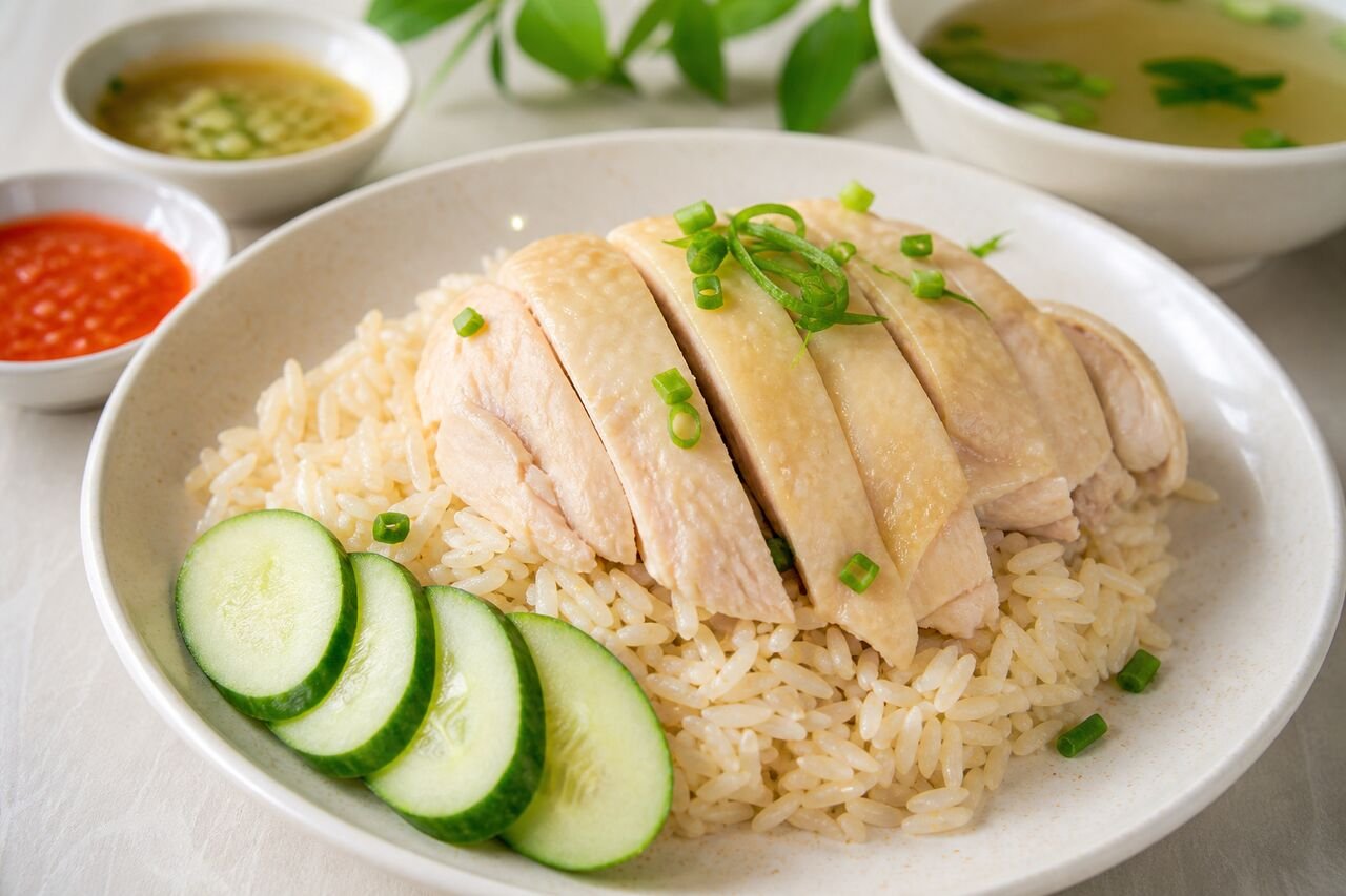 Singapore Hainanese Chicken Rice with poached chicken, fragrant rice, cucumber, and sauces.