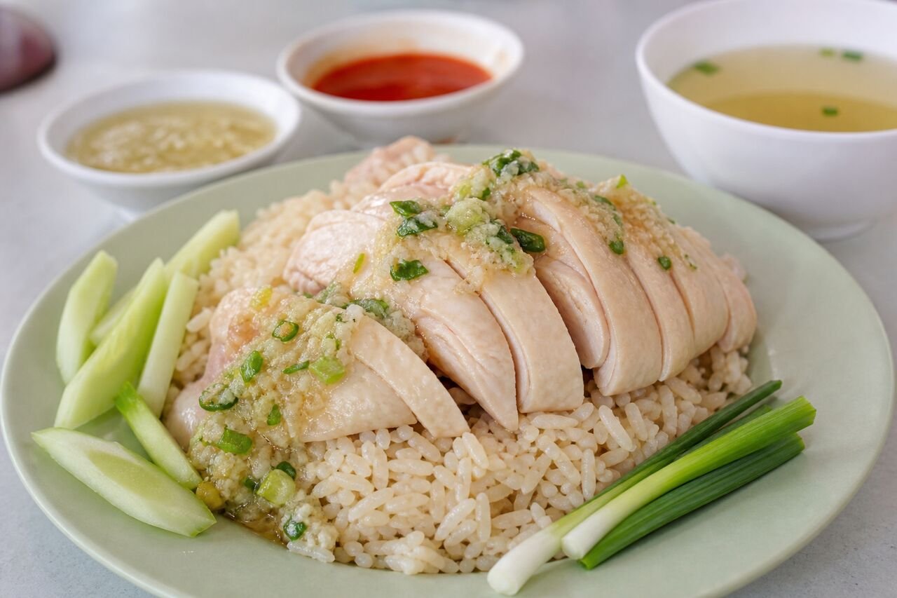 A close serving of sliced Hainanese chicken over fragrant rice with ginger sauce and chili.