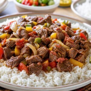 Somali beef suqaar with tender spiced beef, colorful peppers, onion, tomatoes, and fragrant rice.