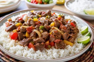 Somali beef suqaar with tender spiced beef, colorful peppers, onion, tomatoes, and fragrant rice.