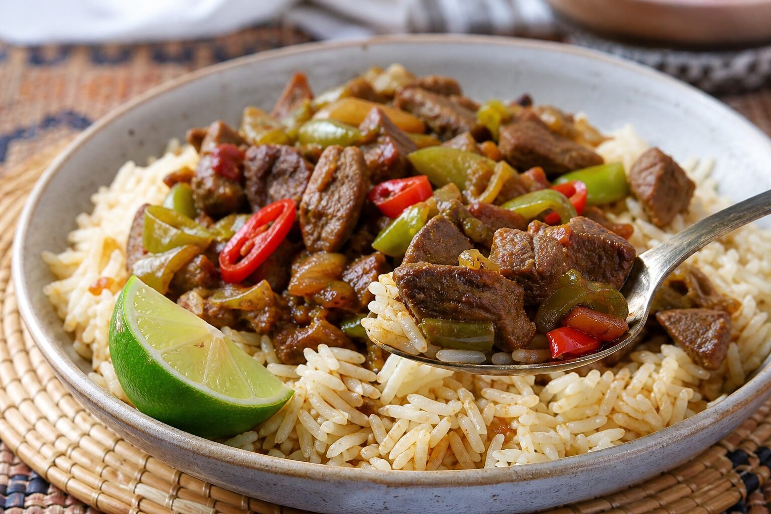 A spoonful of Somali spiced beef and peppers served over fragrant rice with lime.