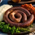 Grilled South African boerewors served with pap and colorful chakalaka.