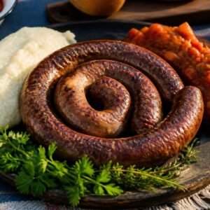 Grilled South African boerewors served with pap and colorful chakalaka.