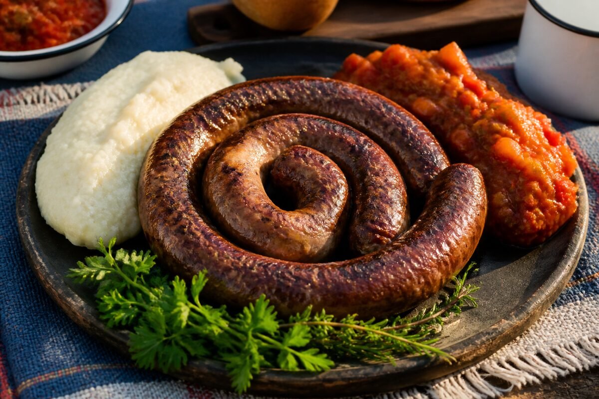 Grilled South African boerewors served with pap and colorful chakalaka.