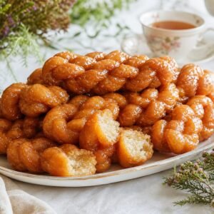 Golden South African koeksisters braided and soaked in glossy syrup on a serving platter beside tea.