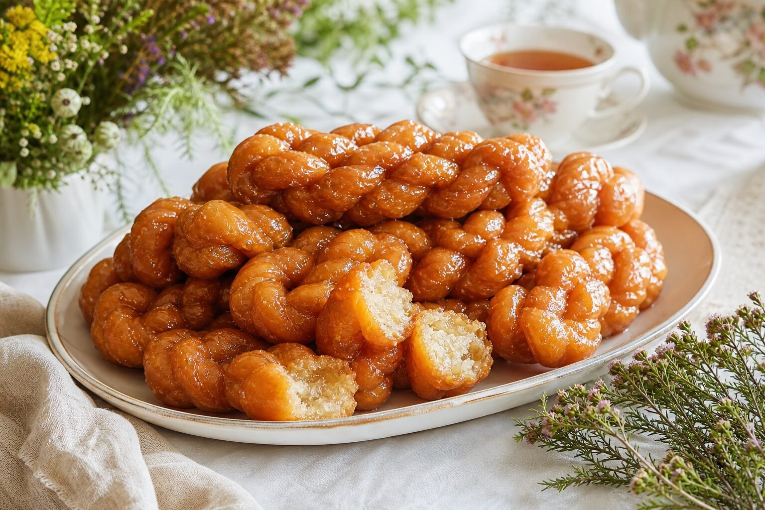 Golden South African koeksisters braided and soaked in glossy syrup on a serving platter beside tea.