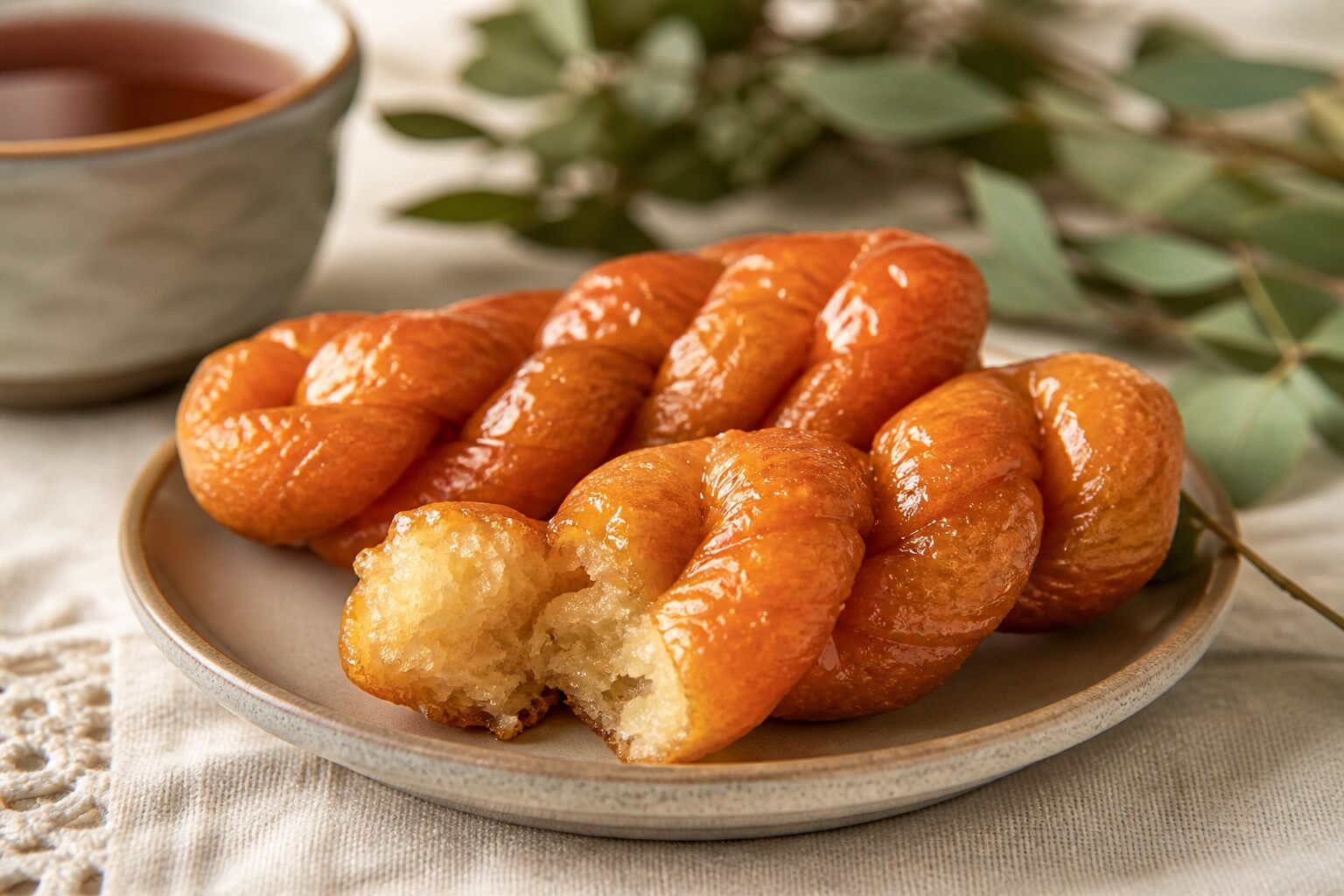 Syrup-glossed South African koeksisters on a small plate, one broken open beside tea.