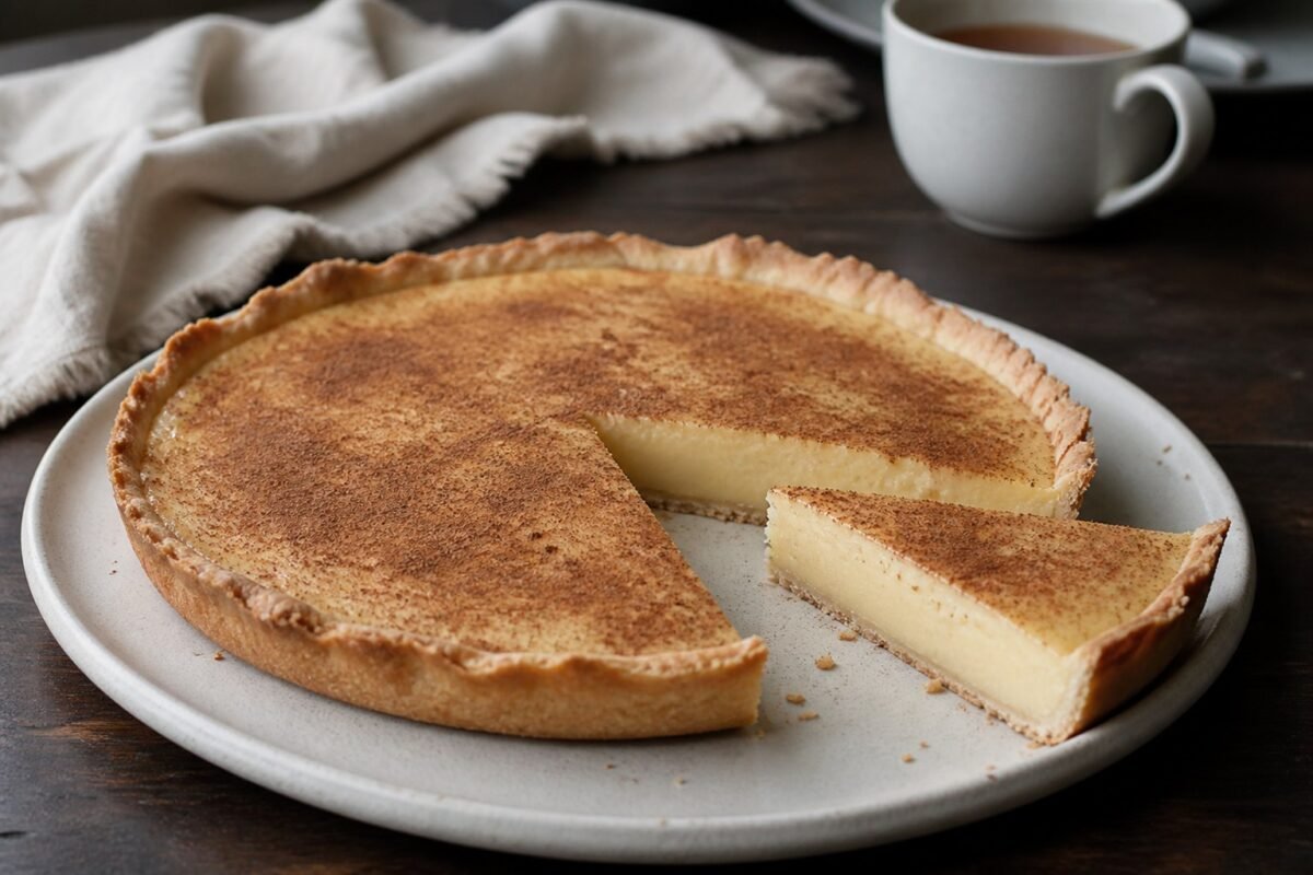 South African melktert with thin pastry, smooth milk custard, cinnamon, and one cut slice.