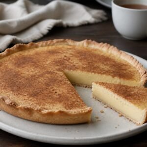 South African melktert with thin pastry, smooth milk custard, cinnamon, and one cut slice.