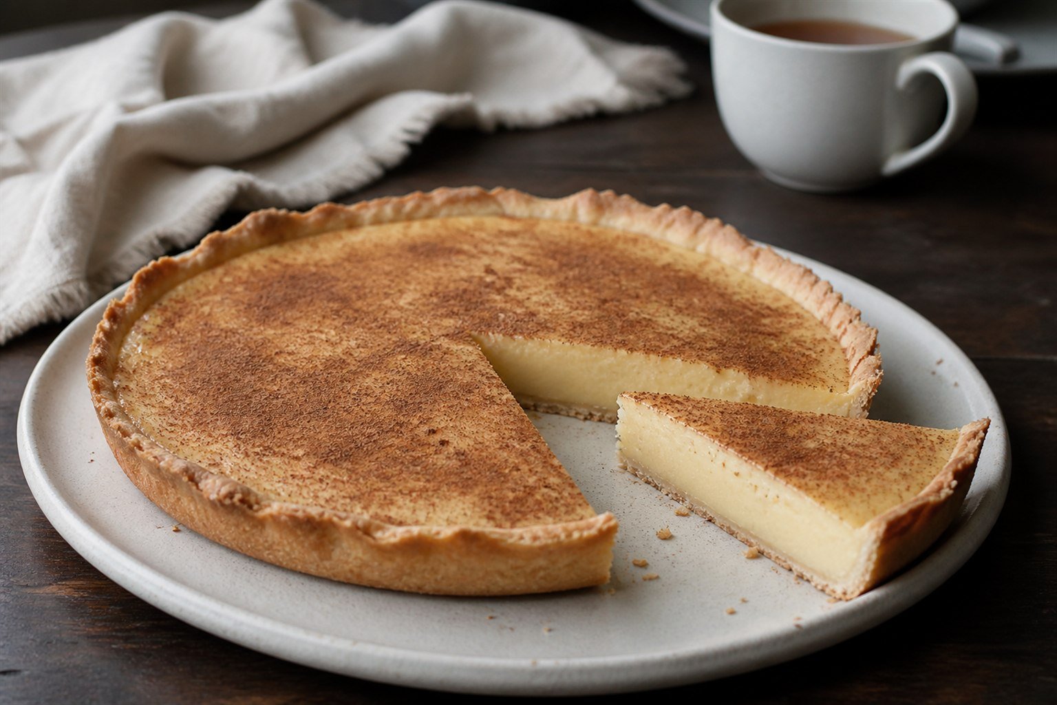South African melktert with thin pastry, smooth milk custard, cinnamon, and one cut slice.