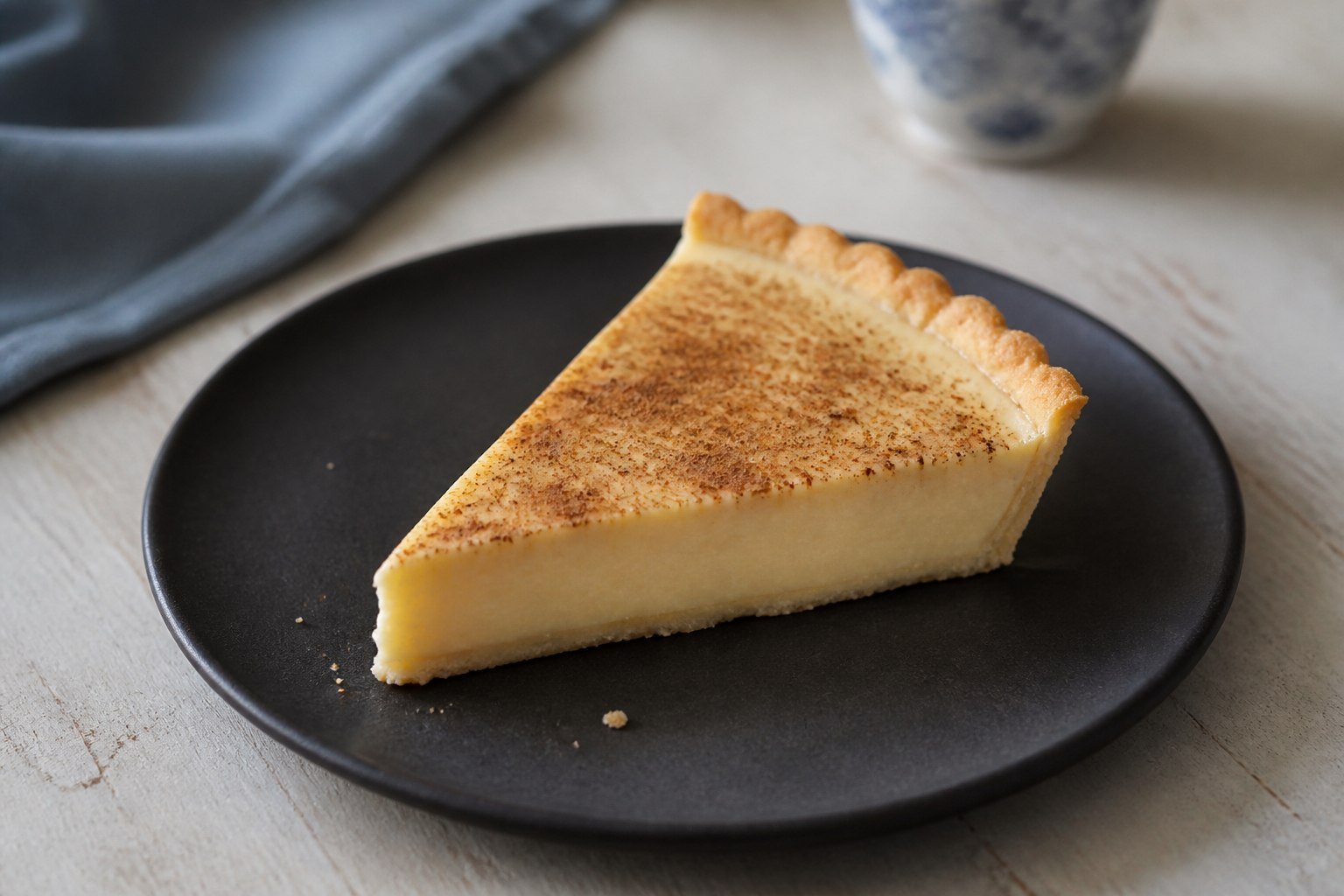 A single slice of South African melktert showing smooth vanilla milk custard and thin pastry.
