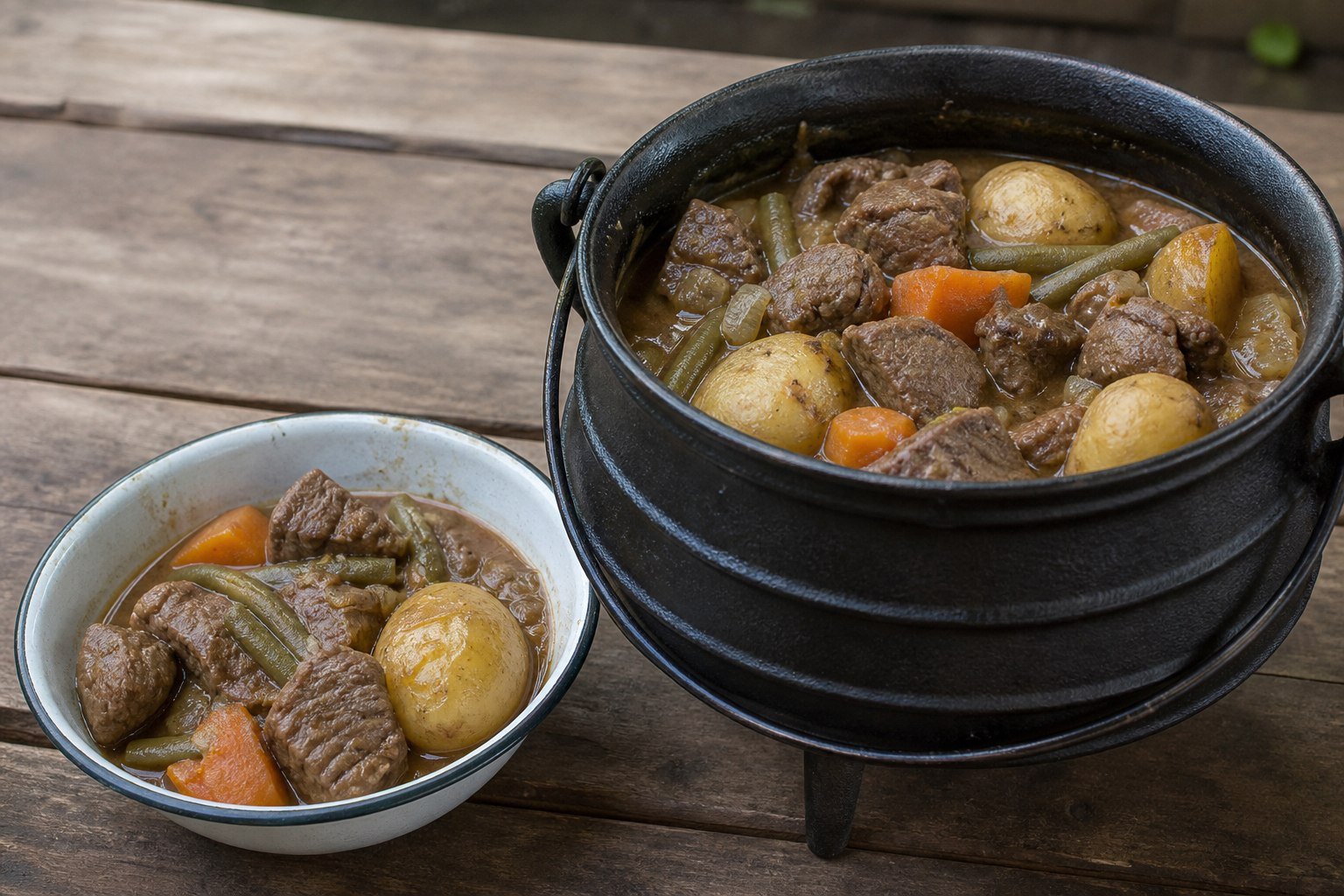 South African beef potjiekos served from a black cast-iron potjie.